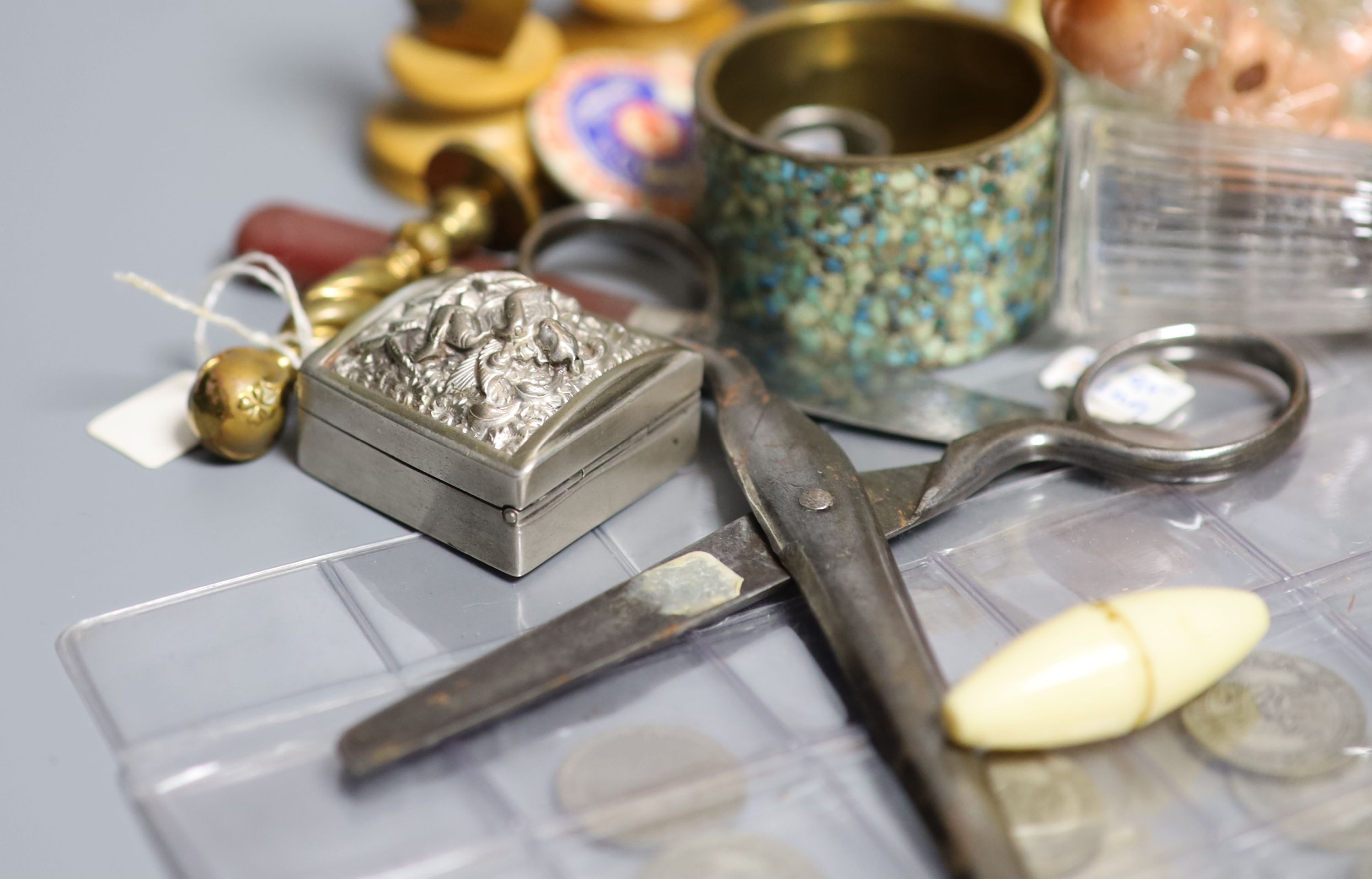 A 19th century valentine card, six pence pieces and mixed collectables